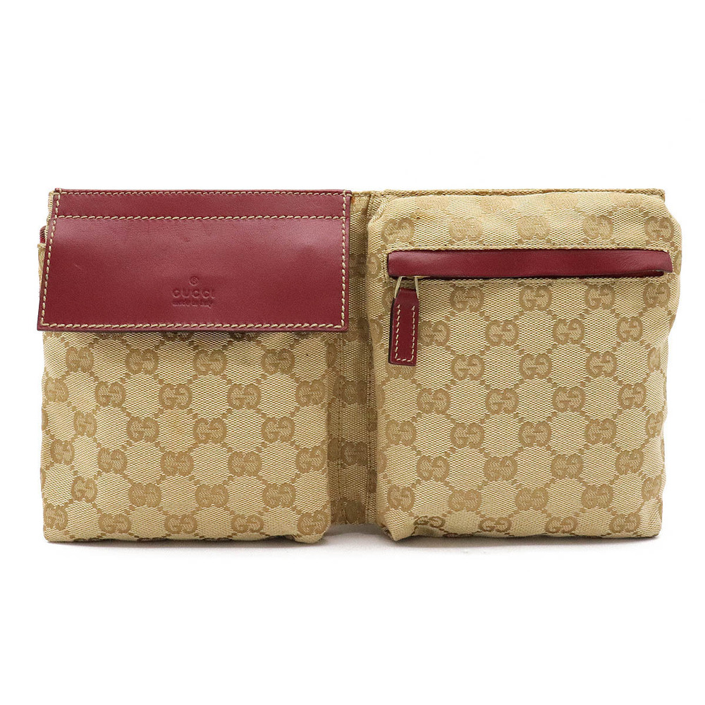 Gucci GG Canvas Sherry Body Bag Waist Hip Leather Beige Cream Wine Red